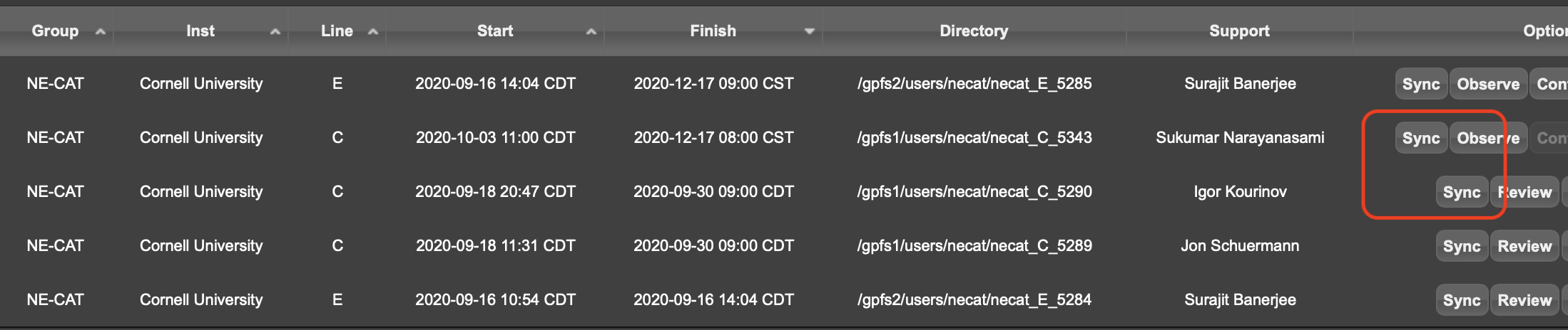 Portion of NE-CAT Remote landing page, showing location of Sync button in list of Remote sessions 